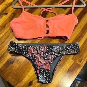 Jolyn Coral & Black Patterned Women's Bikini Set